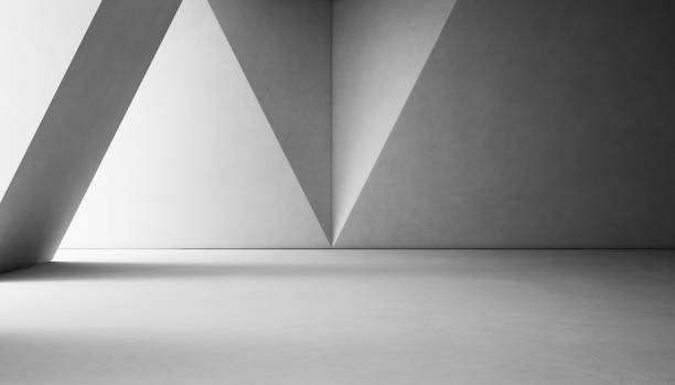 Abstract interior design of modern showroom with empty white concrete floor and gray wall background