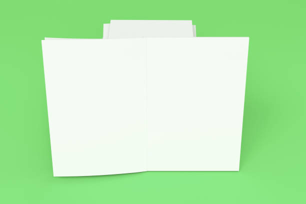istock Stack of blank white closed and one open brochure mock-up on green background 692418924