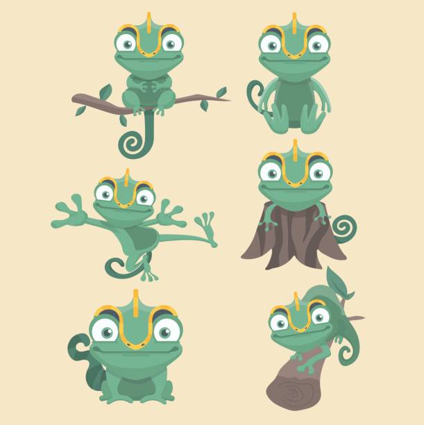 Chameleon set. Cartoon chameleon cute illustration set. chameleon stock illustrations