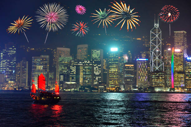 istock Night view and fireworks in Hong Kong 692428640