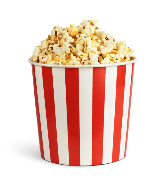 Popcorn in cardboard box isolated on white, clipping path Popcorn in cardboard box isolated on white, clipping path bucket stock pictures, royalty-free photos & images