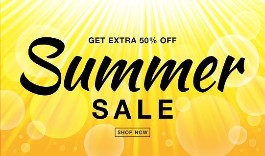 Summer sale template vector banner with sun rays. Glow horizontal sunlight yellow background. Sunshine glare heat with flash rays and bubbles backdrop. Campaign sale 50 procents off.