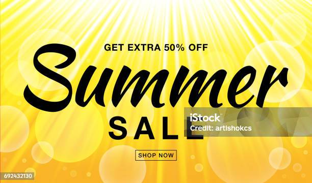 Summer Sale Template Vector Banner With Sun Rays Glow Horizontal Sunlight Yellow Background Sunshine Glare Heat With Flash Rays And Bubbles Backdrop Campaign Sale 50 Procents Off Stock Illustration - Download Image Now