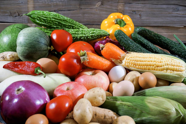 istock Fresh fruit and vegetable / food background 692435172