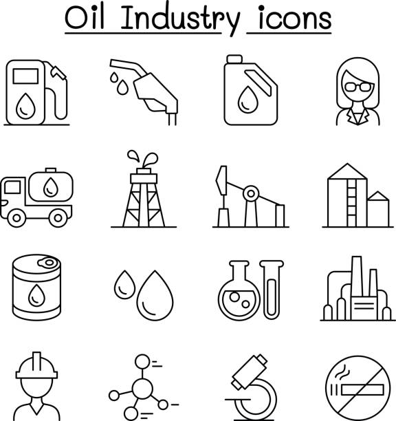 薄い線のスタイルで設定された石油業界のアイコン - ドラム容器点のイラスト素材／クリップアート素材／マンガ素材／アイコン素材