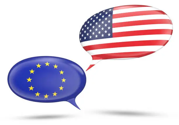 3D render of two chat bubbles with the flags of the European Union and the United States isolated on a white background.