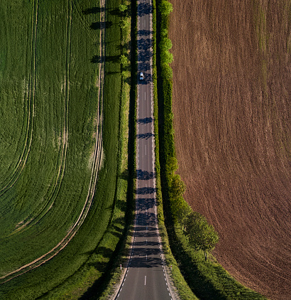 Abstract landscape, bend perspective road through the field with copy space