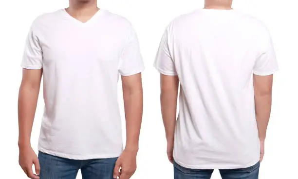 White t-shirt mock up, front and back view, isolated. Male model wear plain white shirt mockup. V-Neck shirt design template. Blank tees for print