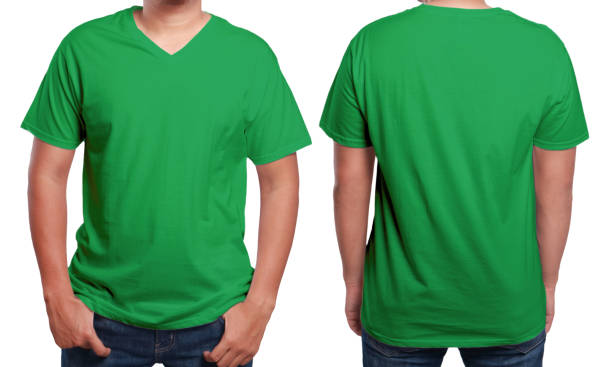 Green t-shirt mock up, front and back view, isolated. Male model wear plain green shirt mockup. V-Neck shirt design template. Blank tees for print