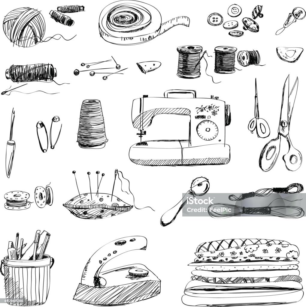 Vector set of hand drawn sewing and embroidery tools on white background Spool stock vector