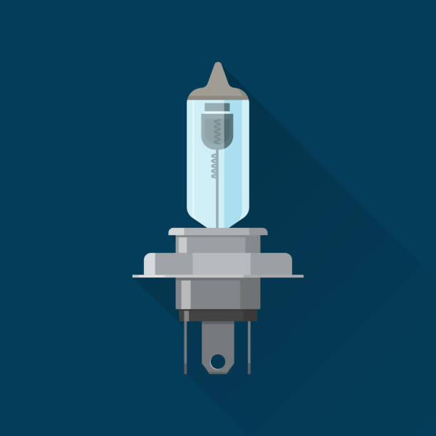 Quartz-halogen automobile Quartz-halogen automobile bulb. Icon of the lighting instrument. A bulb for an automobile headlight. Design element. A vector illustration in flat style with a shadow. bayonet stock illustrations