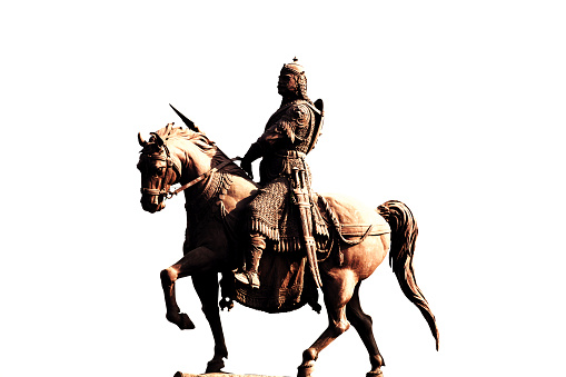 Statue of Maharana Pratap with spear riding on his horse Chetak.