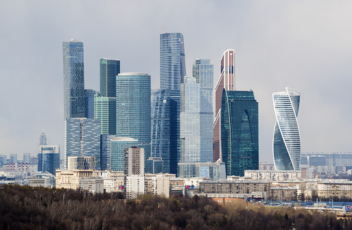 Moscow, Russia, 04/27/2017: the skyline of the city with view of the skyscrapers of Moscow International Business Center, known as Moscow City, seen from Sparrow Hills (Lenin Hills), one of the highest points in Moscow