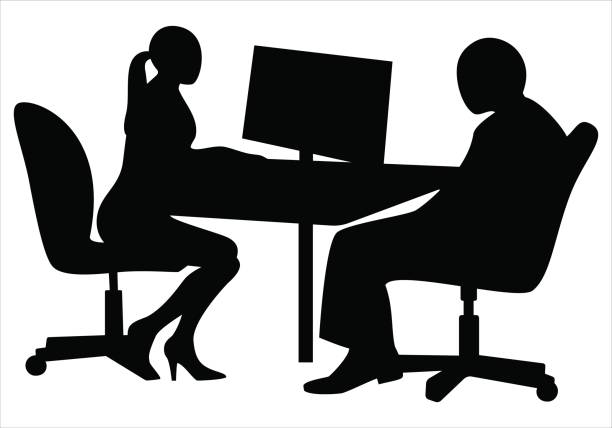 Job interview. Young business woman is interviewing a candidate sitting at a desk. Black and white vector clipart silhouette. interview event silhouettes stock illustrations