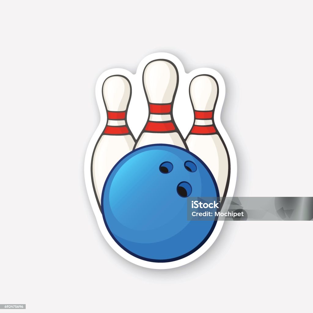 Sticker blue bowling ball and pins Vector illustration. Blue bowling ball and pins. Sports equipment. Cartoon sticker in comics style with contour. Decoration for greeting cards, posters, patches, prints for clothes, emblems Ten Pin Bowling stock vector