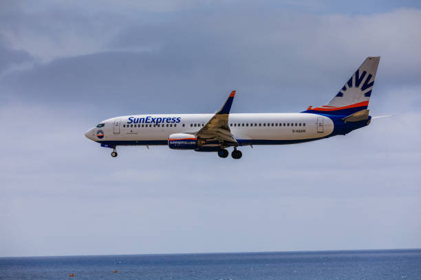 Lanzarote Airport ARECIFE, SPAIN - APRIL, 15 2017: Boeing 737 - 800 of SunExpress with the registration D-ASXR landing at Lanzarote Airport sunexpress stock pictures, royalty-free photos & images