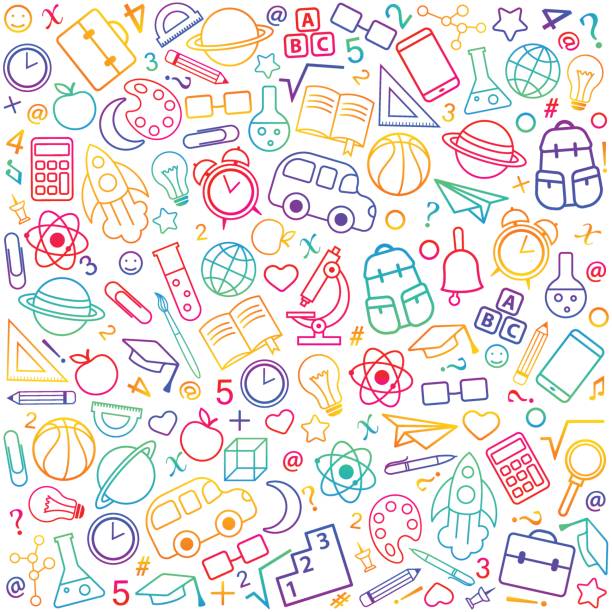 Back to school seamless pattern from education, science objects Back to school seamless pattern from education, science objects and office supplies. White vector background with colorful line art icons. school supplies stock illustrations
