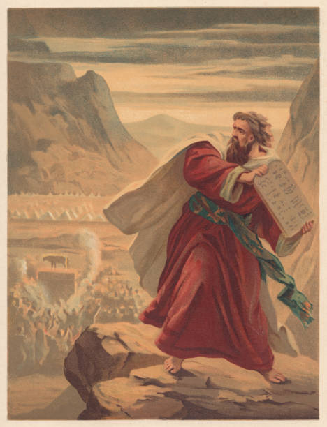 моисей нарушает за�кон, хромолитограф, опубликованный в 1886 году - sinai peninsula stock illustrations