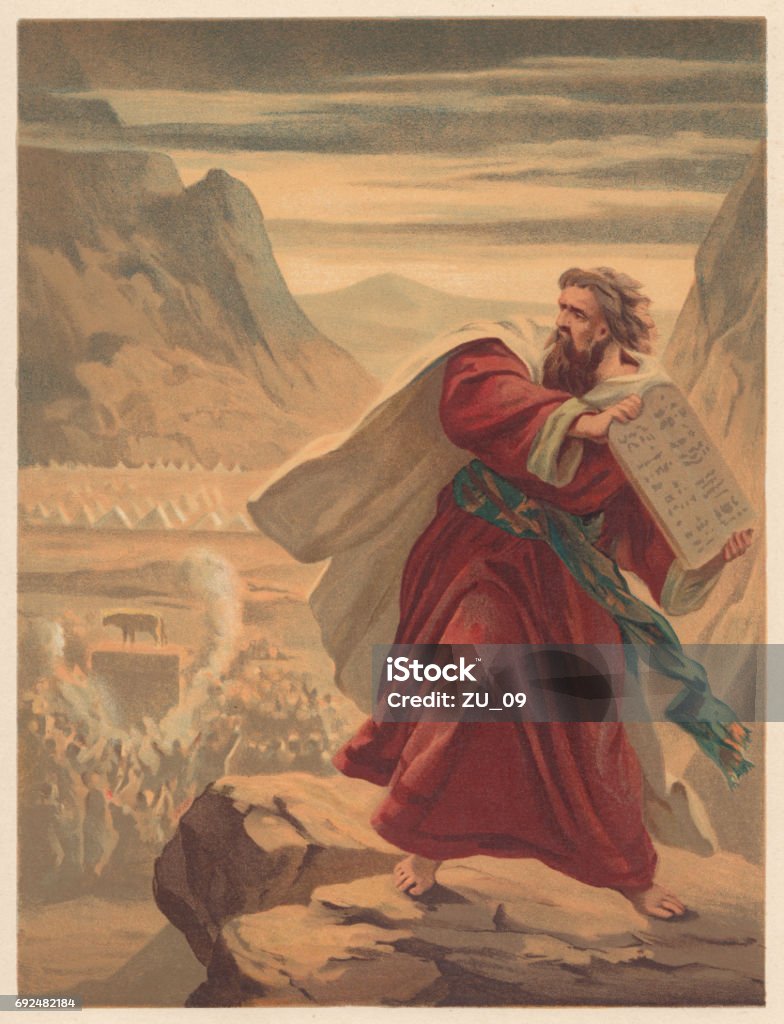 Moses Breaks the Tablets of Law, chromolithograph, published in 1886 Moses Breaks the Tablets of Law. Chromolithograph, published in 1886. Moses - Religious Figure stock illustration