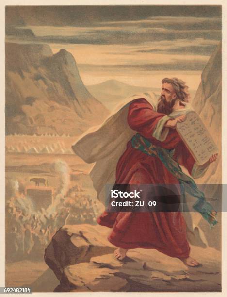 Moses Breaks The Tablets Of Law Chromolithograph Published In 1886 Stock Illustration - Download Image Now