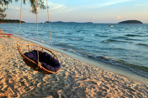 Hammock on the shore of the beach Otres in Sihanoukville. Cambodia stock photo