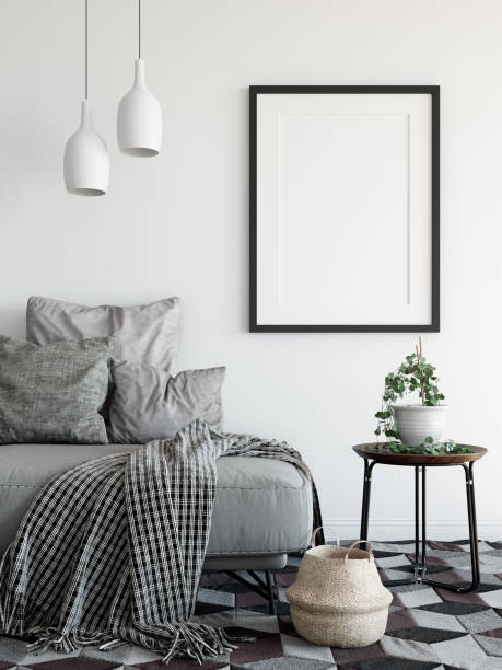 mock up posters in living room interior. interior scandinavian style. 3d rendering, 3d illustration - outdoor chair imagens e fotografias de stock