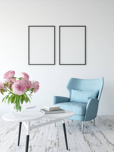 istock mock up posters in living room interior. Interior scandinavian style. 3d rendering, 3d illustration 692482922