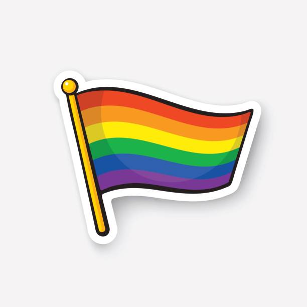 Sticker flag of LGBT community on flagstaff Vector illustration. Flag of LGBT community on flagstaff. Banner in rainbow color. Cartoon sticker with contour. Decoration for greeting cards, posters, patches, prints for clothes, emblems rainbow flag stock illustrations