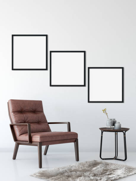 istock mock up posters in living room interior. Interior scandinavian style. 3d rendering, 3d illustration 692483488