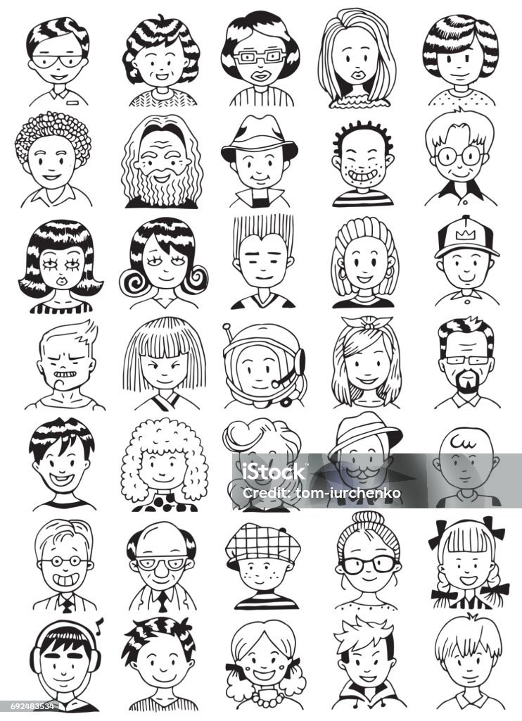 People Portrait Set. Collection of Various Men and Women Faces. Hand Drawn Line Art Cartoon Vector illustration. Black and White illustration. Human Face stock vector