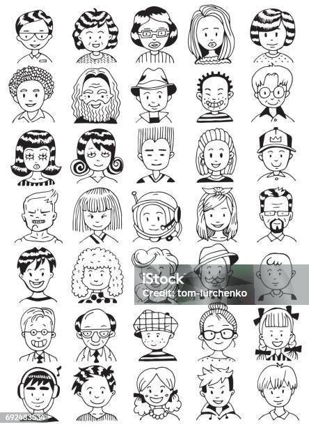 People Portrait Set Collection Of Various Men And Women Faces Hand Drawn Line Art Cartoon Vector Illustration Black And White Illustration Stock Illustration - Download Image Now