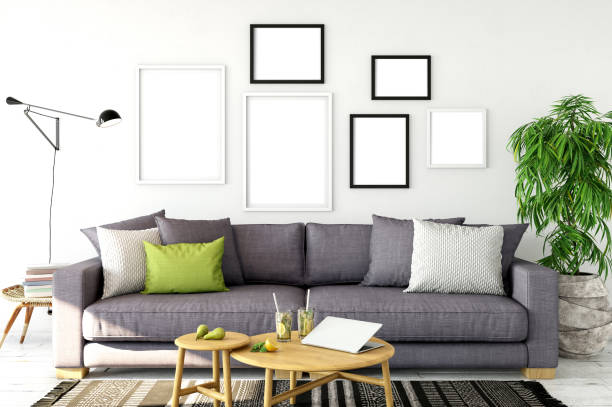 istock mock up posters in living room interior. Interior scandinavian style. 3d rendering, 3d illustration 692485578