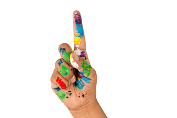 woman hands dirty with watercolours on white background.