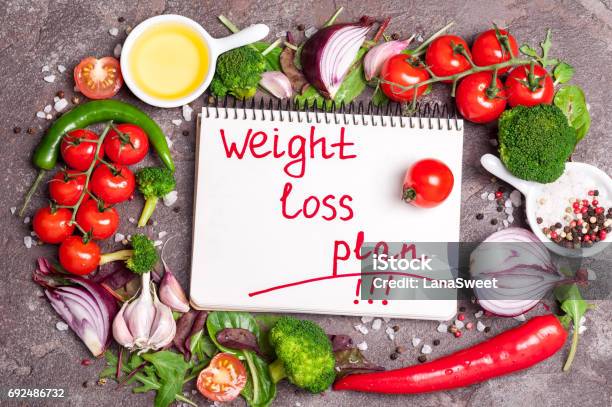 Fresh Organic Vegetables Herbs And Spices Mix Salad Tomatoes Chilli Garlic And Open Blank Notebook With Plan Eating Weight Loss Concept Products For Boosting Metabolism Stock Photo - Download Image Now
