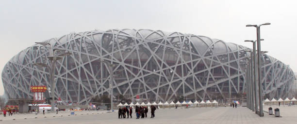 Beijing National Olympic Stadium Building Exterior In China Asia View Of Beijing National Olympic Stadium Building Exterior,Advertisements Logos,People Riding Bicycle,Standing,Walking,Talking With One Another,Taking Picture During The Winter Season In China East Asia beijing olympic stadium photos stock pictures, royalty-free photos & images