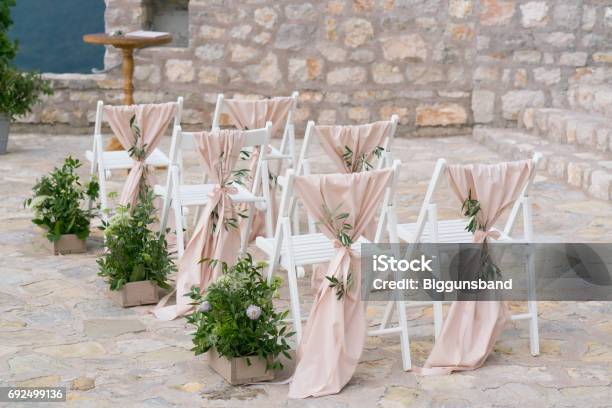 Decorated Chairs At The Wedding Venue Stock Photo - Download Image Now - Wedding, Chair, Home Decor