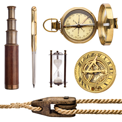 Compass, sundial, telescope, rope, divider isolated on white background. Vintage sea collection.