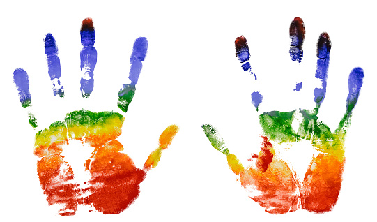 The imprint of the two hands of the rainbow colors, gouache, freedom