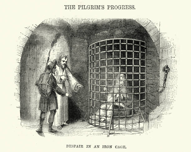 The Pilgrim's Progress - Despair in an iron cage Vintage engraving of a scene from The Pilgrim's Progress a 1678 Christian allegory written by John Bunyan. Despair in an iron cage pilgrims stock illustrations