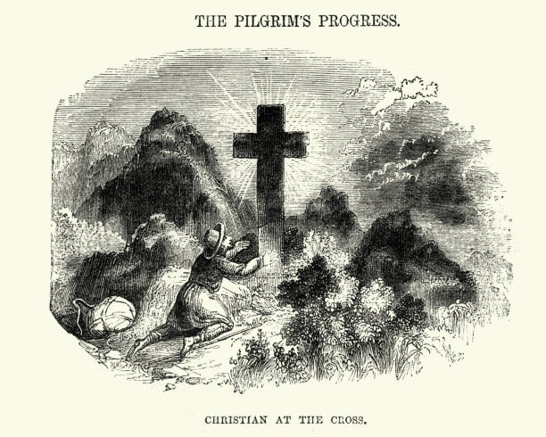 illustrations, cliparts, dessins animés et icônes de le voyage du pèlerin - christian à la croix - titre de livre