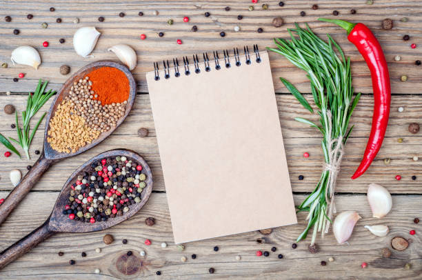 istock Herbs and spices on wooden background. Top view, copy space 692545772
