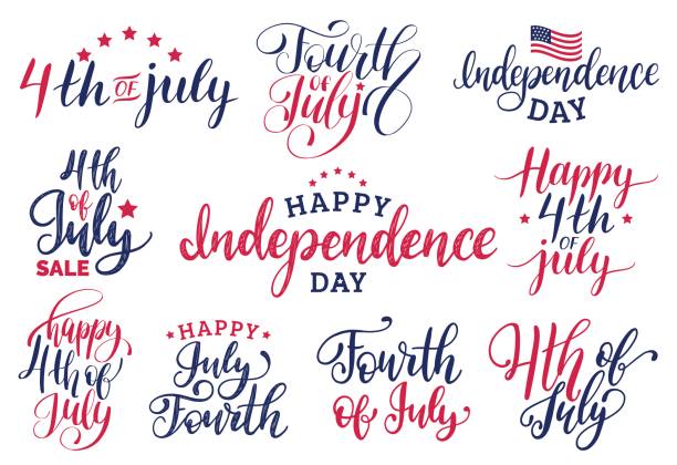 Vector set Fourth of July hand lettering inscriptions for greeting cards etc. Happy Independence Day calligraphy. Vector set Fourth of July hand lettering inscriptions for greeting cards, banners etc. Happy Independence Day of United States of America calligraphic collection. Holiday background. independence day stock illustrations