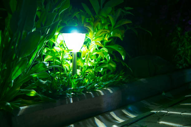 istock solar lanterns garden light with shrubs and tile at home 692553598
