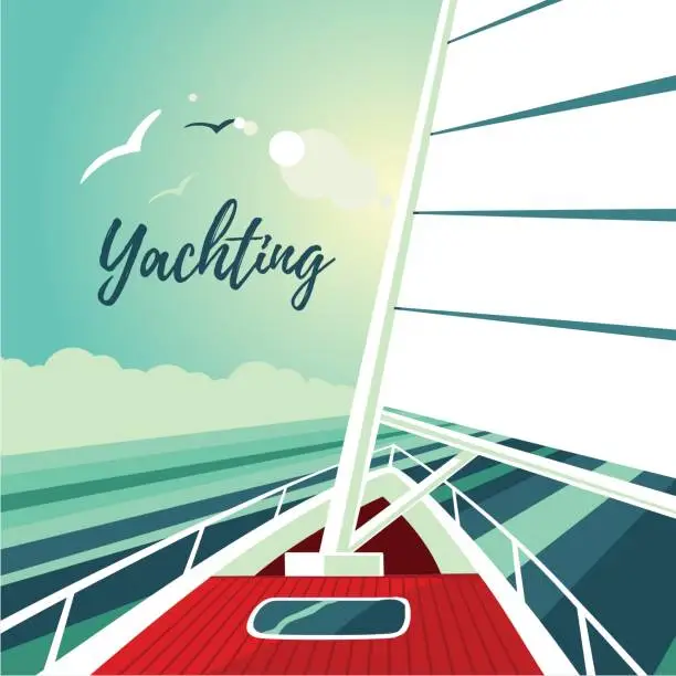 Vector illustration of Boat sailing on the ocean. Journey on ship. Water travel.