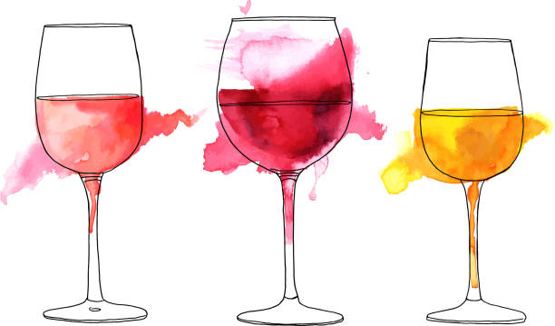 Set of vector and watercolor drawings of wine glasses A set of vector and watercolor drawings of glass of rose, red, and white wine with splashes of paint, on white background wineglass illustrations stock illustrations