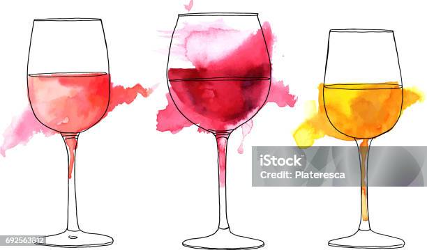 Set Of Vector And Watercolor Drawings Of Wine Glasses Stock Illustration - Download Image Now