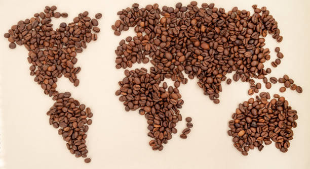istock Roasted coffee beans arranged in a world map  on textile background 692570492