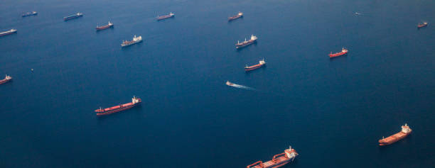 Container Cargo ships and Oil Tankers Sailing Aerial view of container ships and Oil tankers sailing and entering one of the busiest ports in Istanbul, Turkey oil tanker stock pictures, royalty-free photos & images