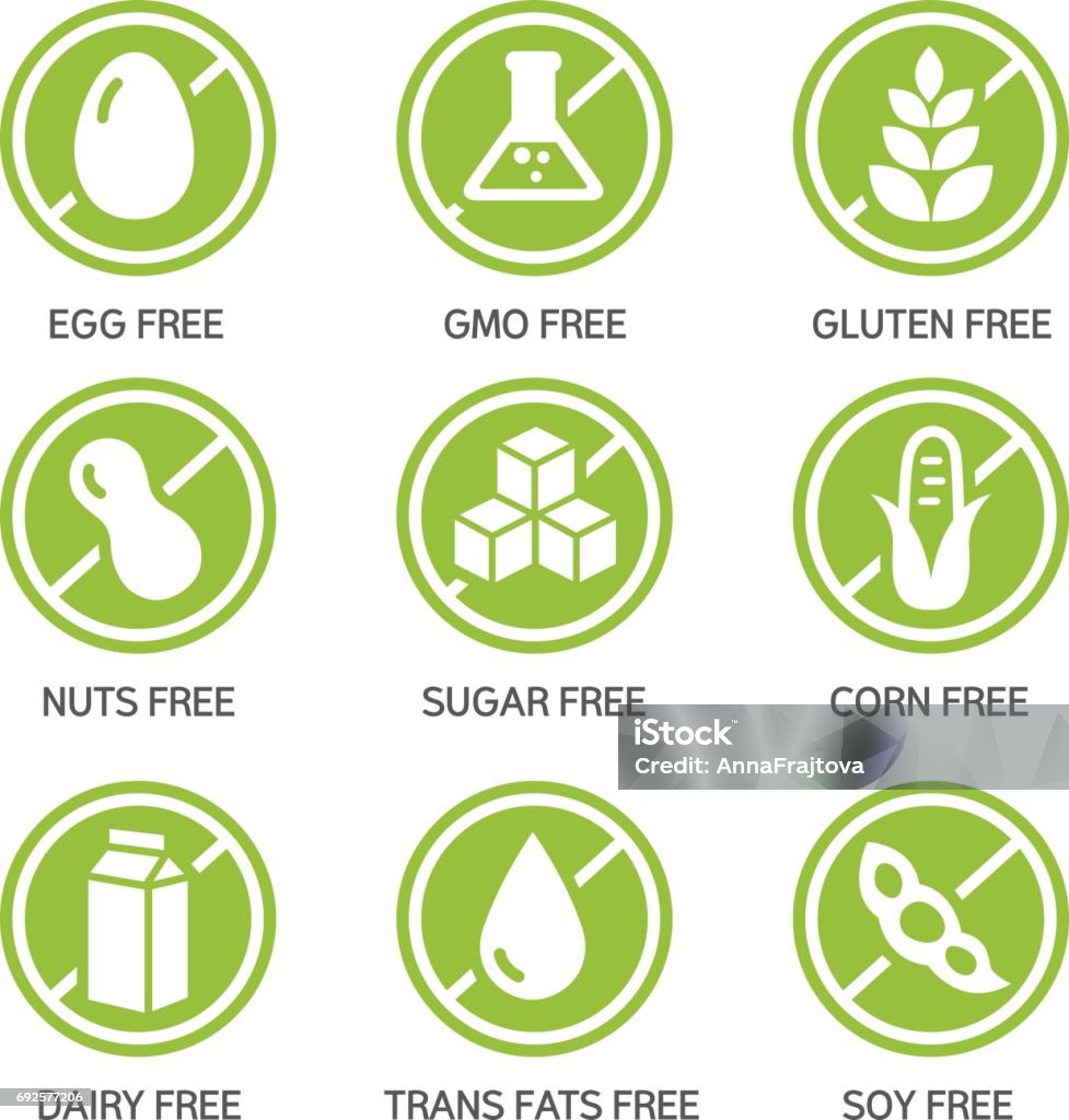 Allergens Icons Set of food labels - allergens, GMO free products. Food stock vector