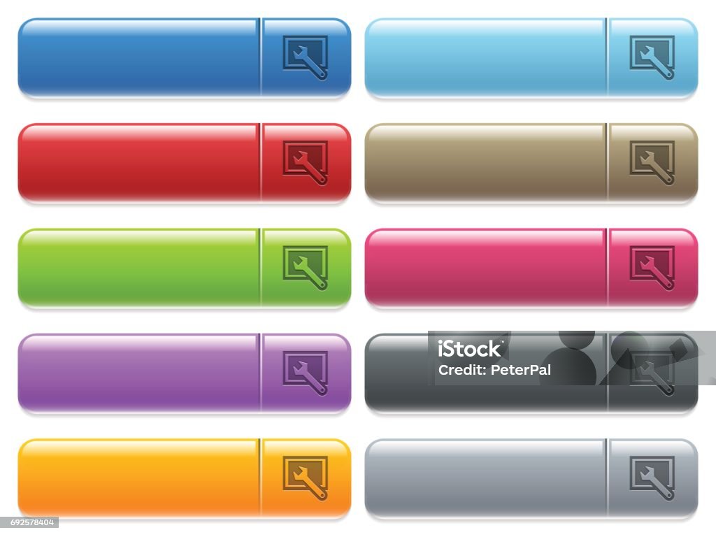 Screen settings icons on color glossy, rectangular menu butt Screen settings engraved style icons on long, rectangular, glossy color menu buttons. Available copyspaces for menu captions. Adjusting stock vector